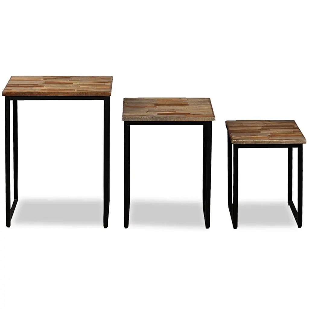 3 Piece Nesting Coffee Table Set Brown Reclaimed Teak Industrial Style