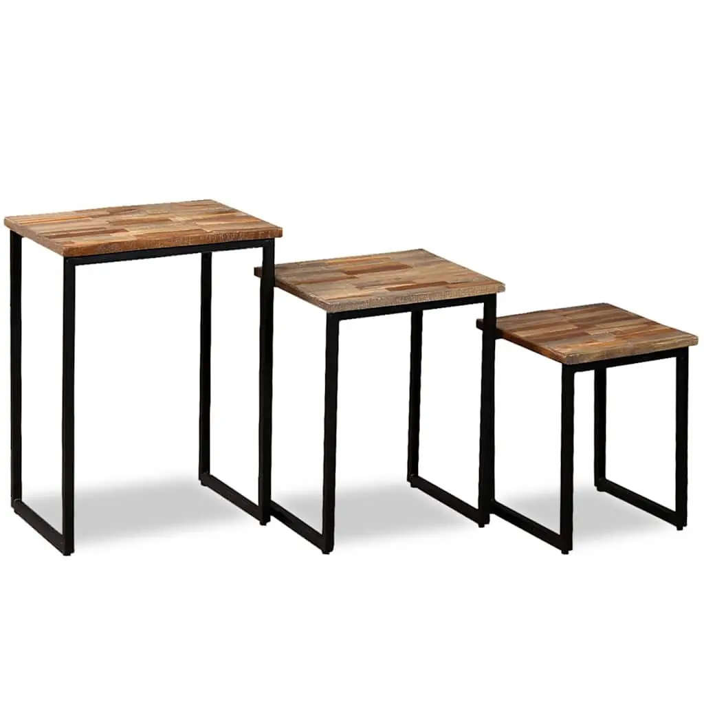 3 Piece Nesting Coffee Table Set Brown Reclaimed Teak Industrial Style