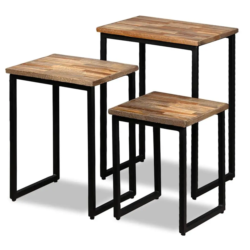 3 Piece Nesting Coffee Table Set Brown Reclaimed Teak Industrial Style