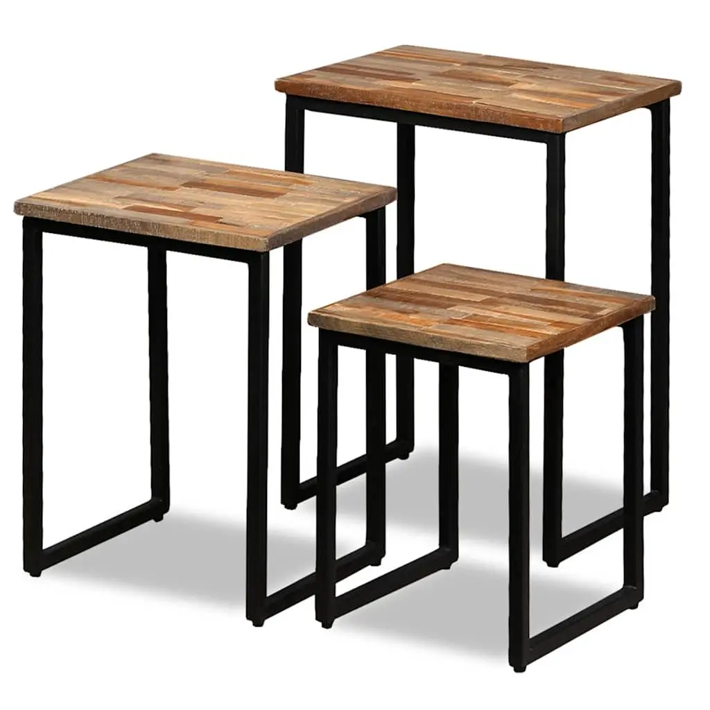 3 Piece Nesting Coffee Table Set Brown Reclaimed Teak Industrial Style