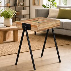 End Table Side Table Reclaimed Solid Wood Industrial Steel Legs Living Room