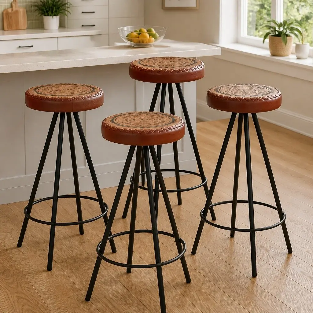 Bar Stools Brown Set of 4 Industrial Style Leather Canvas Upholstered Dining