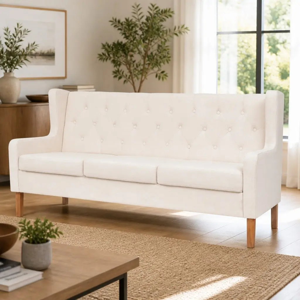 3-Seater Sofa White Fabric Living Room Couch Lounge Settee Home Furniture