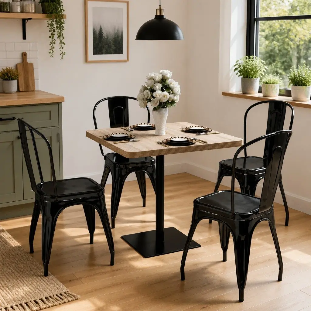 Bistro Dining Table Beige 80x80cm Grain Top Steel Support