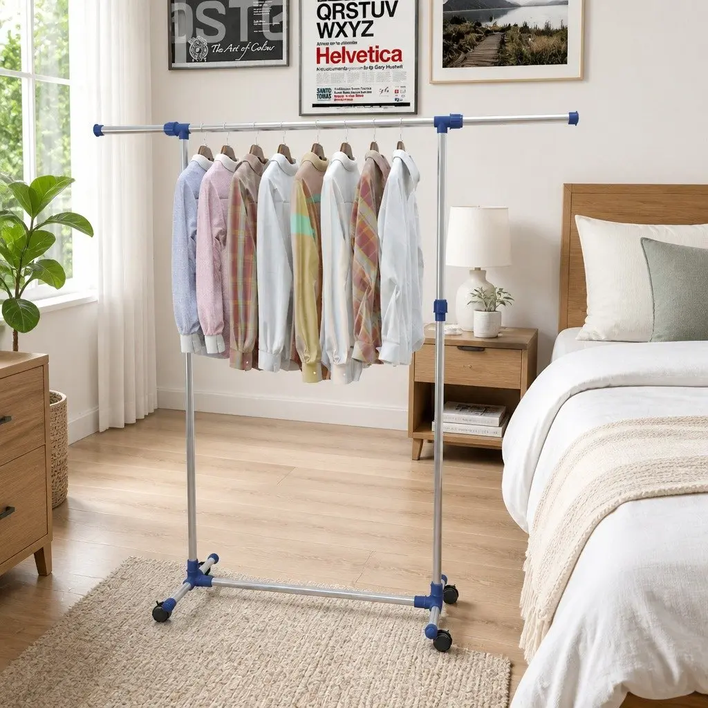 Clothes Rack Silver Adjustable Height Rolling Castors Stainless Steel Frame