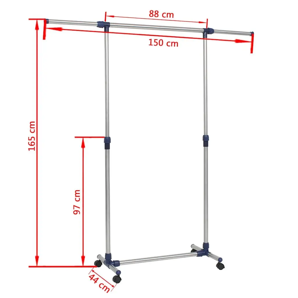 Clothes Rack Silver Adjustable Height Rolling Castors Stainless Steel Frame