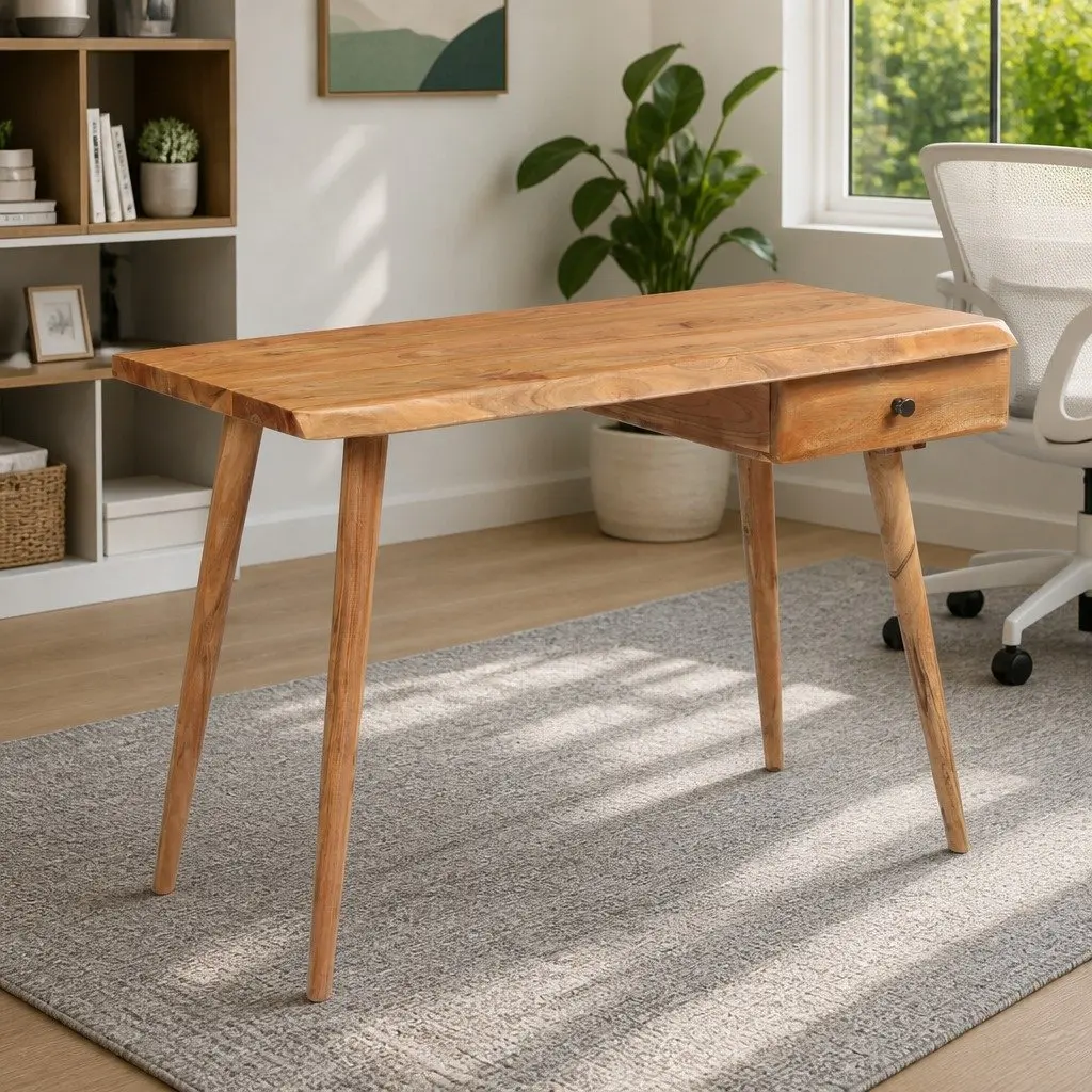 Writing Desk Brown Solid Acacia Wood Unique Overlapped Drawer Vintage Style