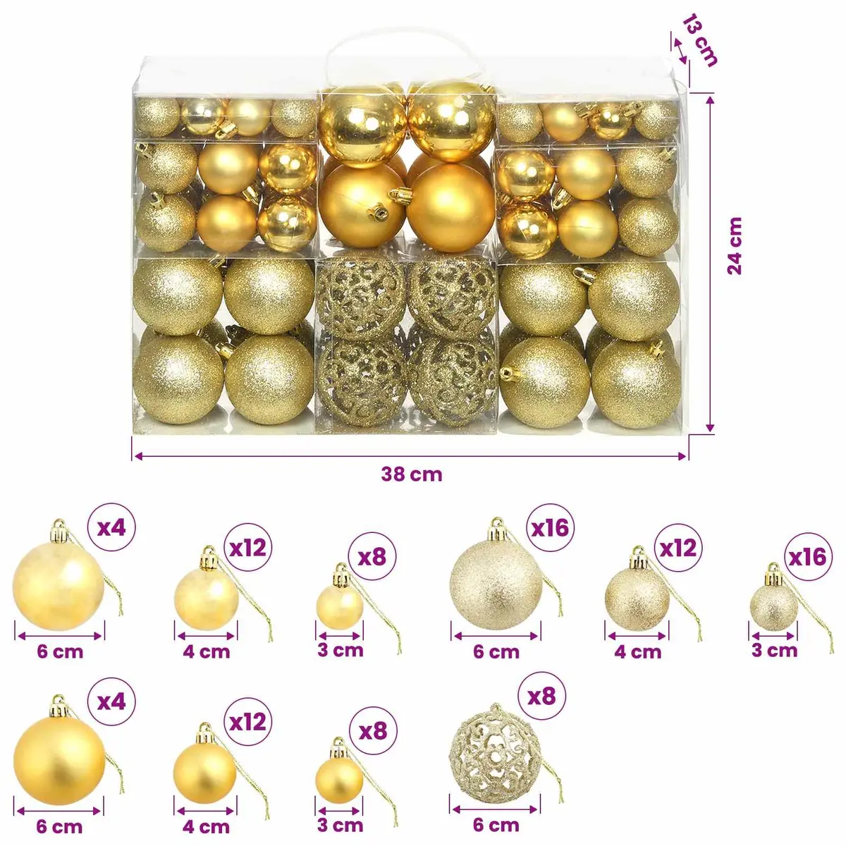 Christmas Ball Ornaments Set Gold 3cm 4cm 6cm Shatterproof Decoration