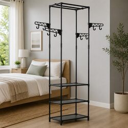 Compact Black Clothes Rack with Non-Woven Fabric Shelves