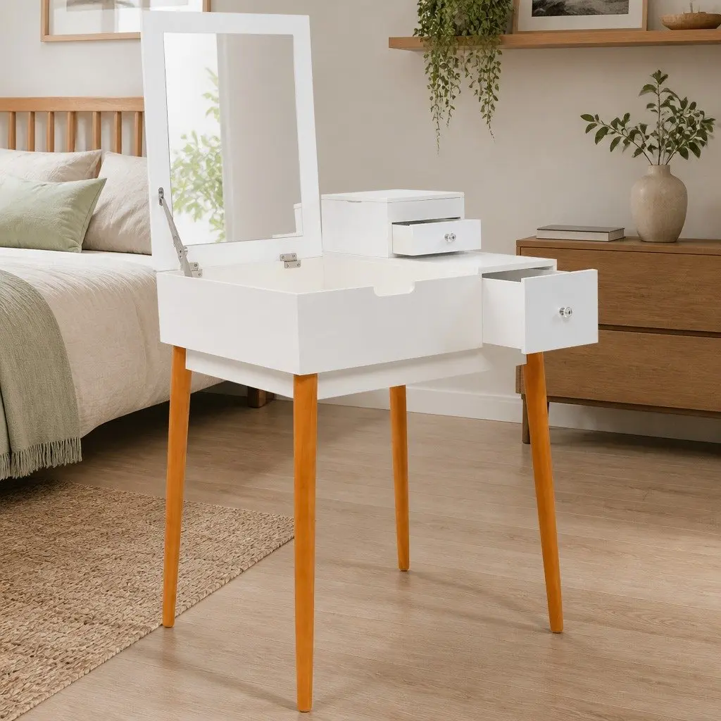 Dressing Table White 60W x 50D x 86H cm Hinged Mirror Panel with Jewellery Storage