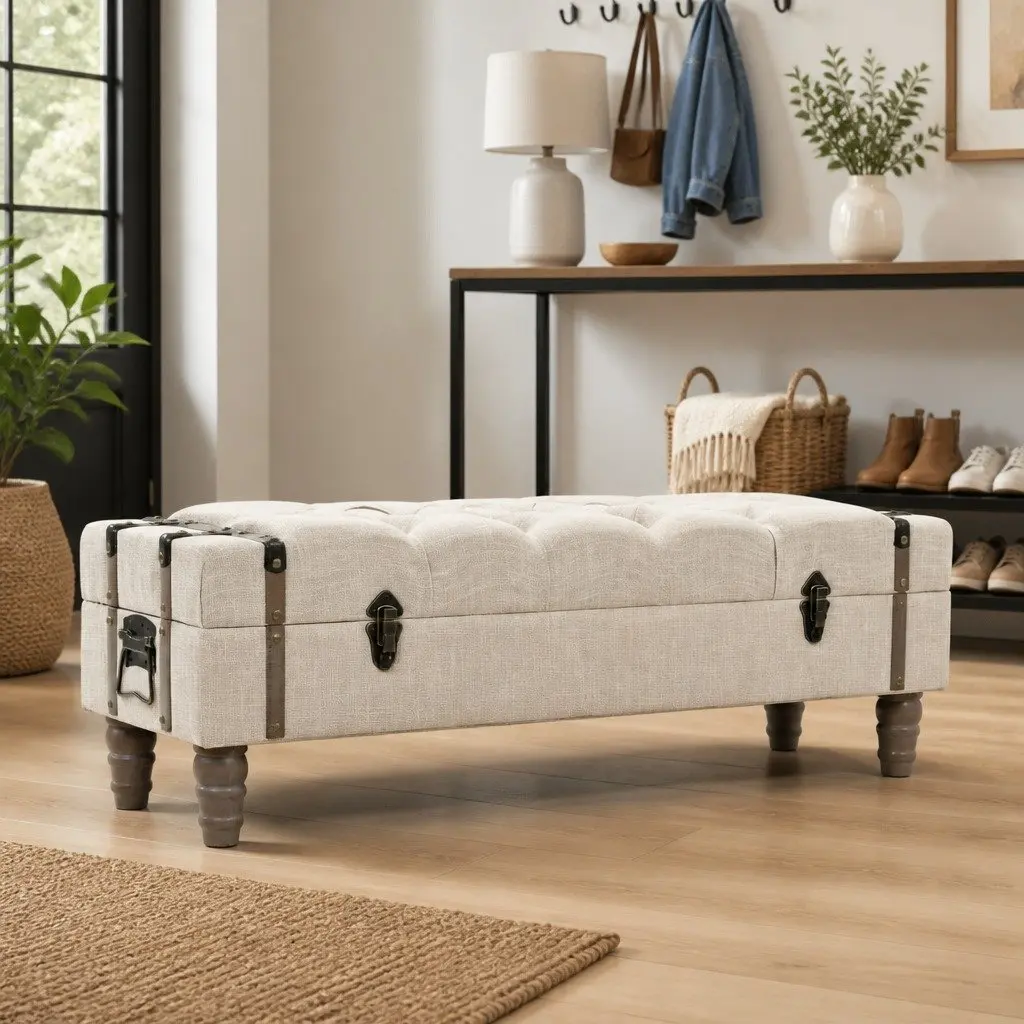 Storage Bench Solid Wood Steel Frame Padded Seat Entryway Furniture with Handle