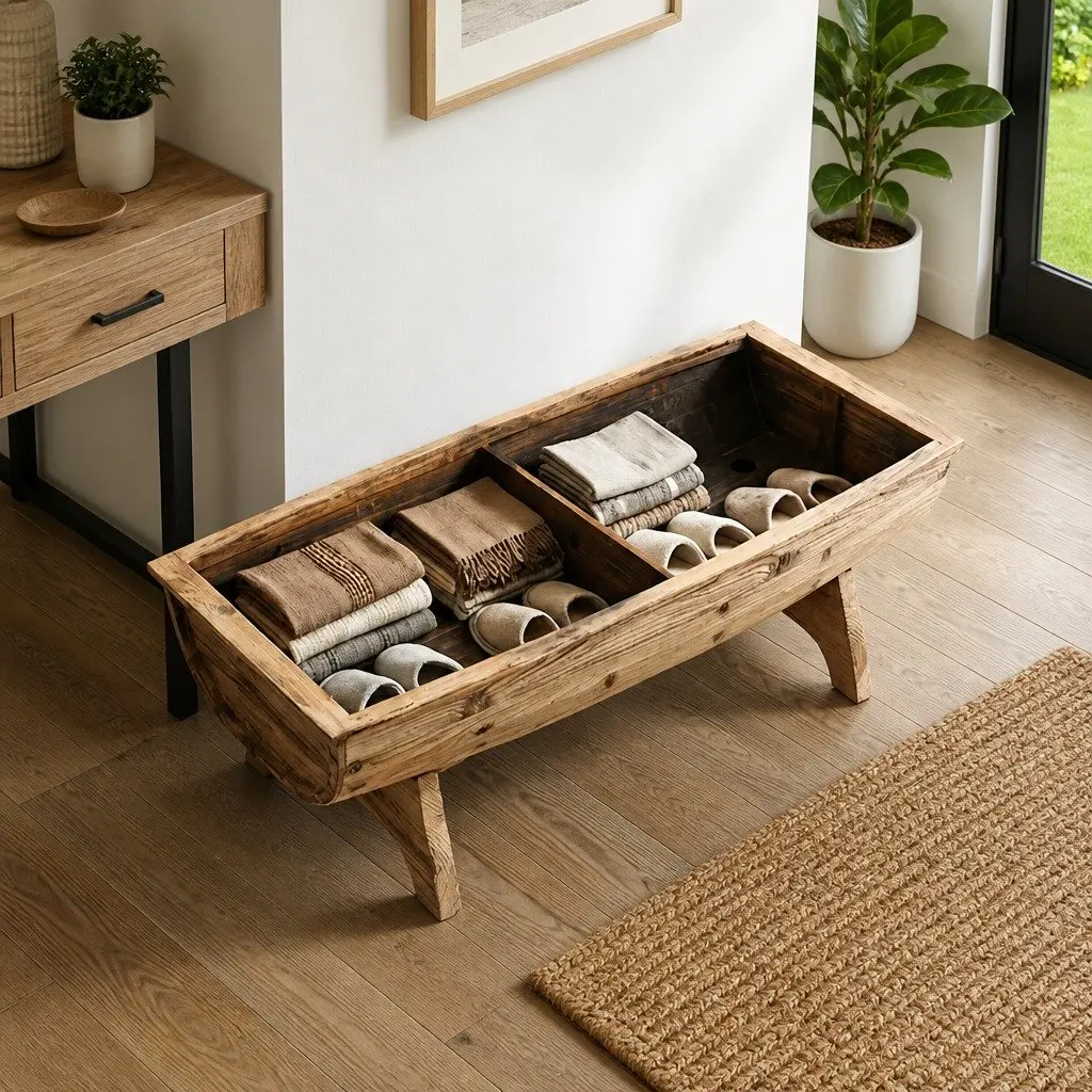 Solid Wood Storage Bench with Padded Fabric Seat