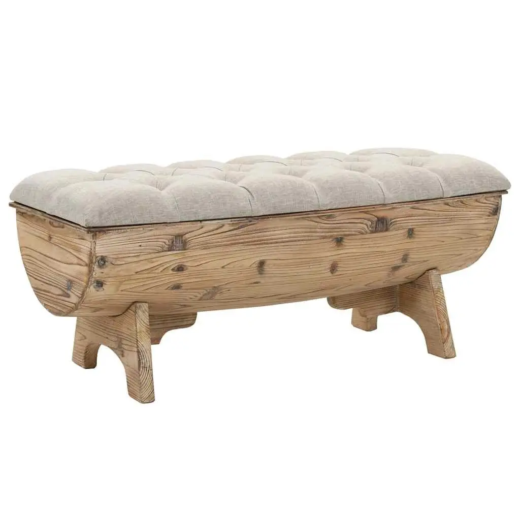 Storage Bench Cream 103x51x44 cm Solid Wood Fabric Seat Barrel Shape Rustic