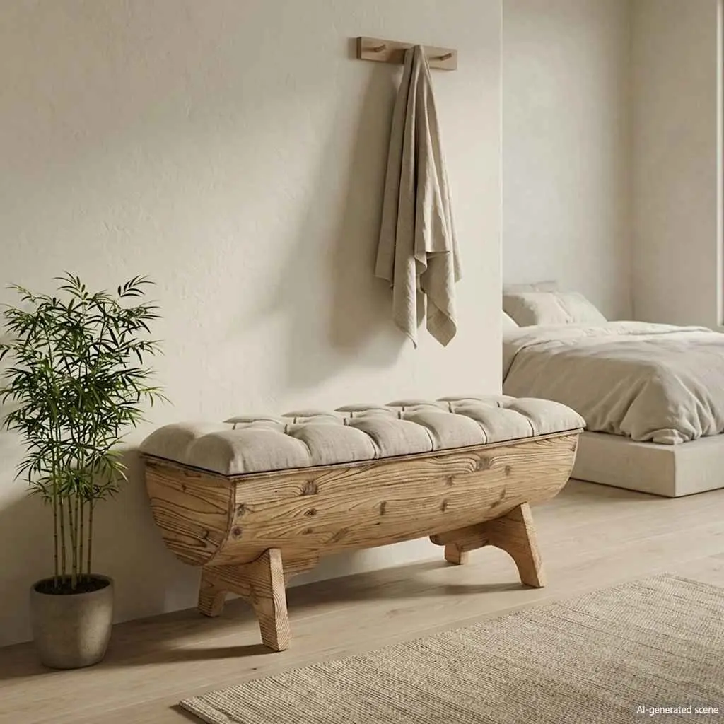 Storage Bench Cream 103x51x44 cm Solid Wood Fabric Seat Barrel Shape Rustic