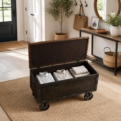 Storage Bench 80.5x41x50cm Solid Wood Artificial Leather Tufted Cushion Wheels