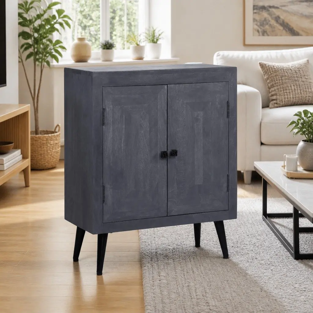 Mango Wood Sideboard Grey Retro Style Storage Cabinet with Steel Legs 60x30x76cm