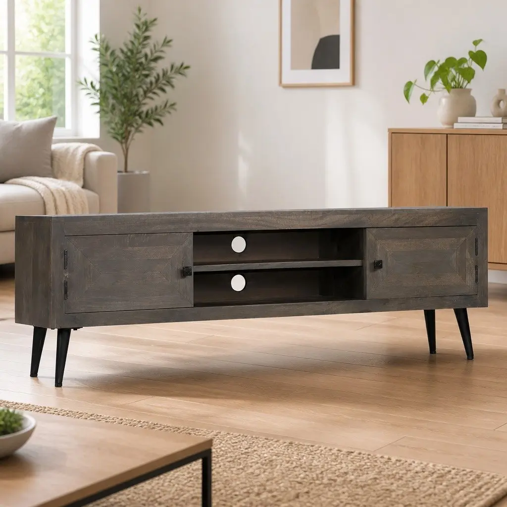 Grey Solid Mango Wood Entertainment Unit