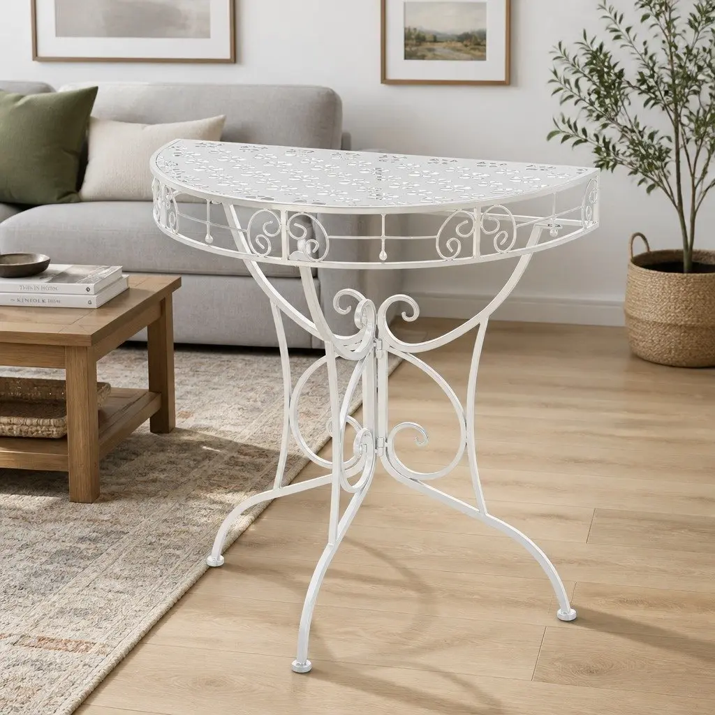 Half Round Side Table Silver 72x36x74cm Vintage Style Accent Table
