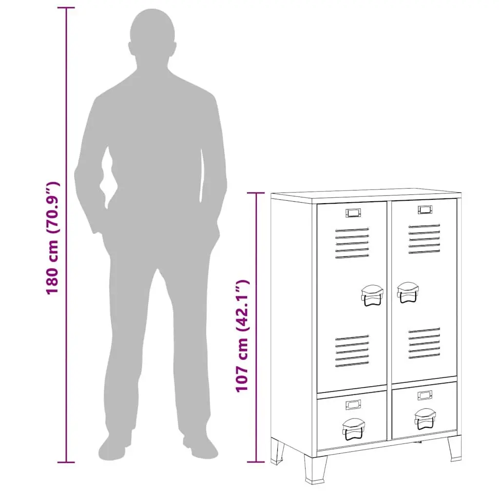 Industrial Metal Wardrobe Cabinet Black 67cm x 35cm x 107cm 2 Adjustable Shelves 2 Drawers