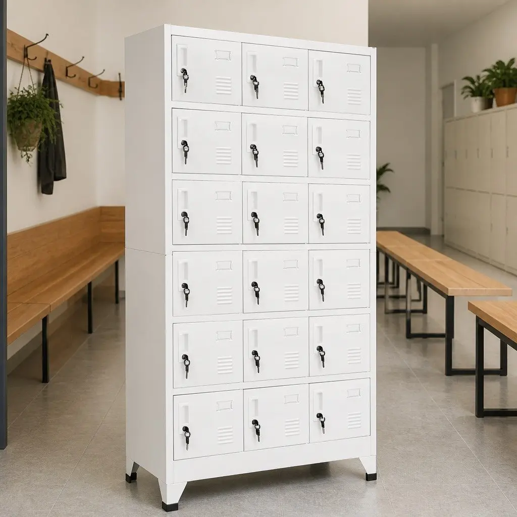 Metal Locker Cabinet Grey 18 Compartments Lockable Doors Storage