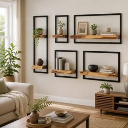 Wall Shelf Set 5 Pieces Acacia Wood Steel Frame Retro Display Storage Brown