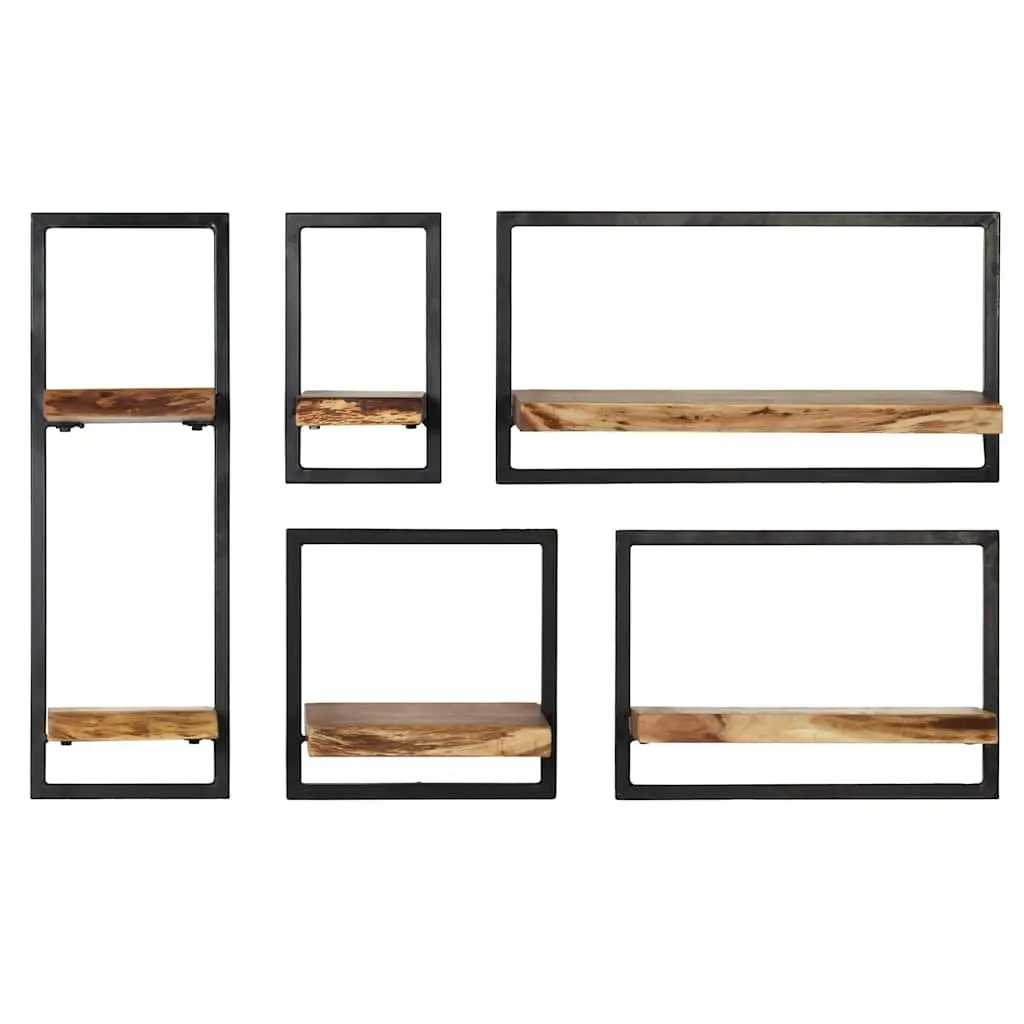 Wall Shelf Set Brown 5 Piece Acacia Wood Steel Frame Retro Display Storage