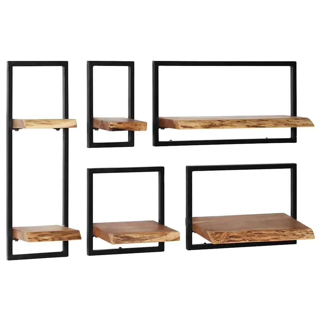 Wall Shelf Set Brown 5 Piece Acacia Wood Steel Frame Retro Display Storage