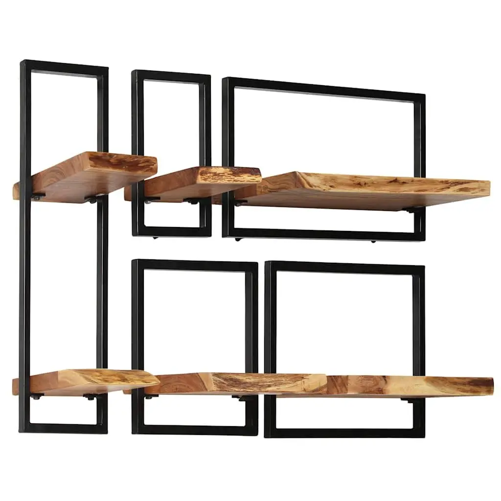 Wall Shelf Set Brown 5 Piece Acacia Wood Steel Frame Retro Display Storage