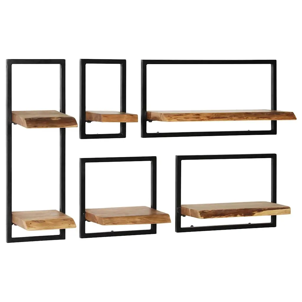 Wall Shelf Set Brown 5 Piece Acacia Wood Steel Frame Retro Display Storage