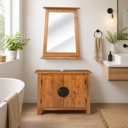 Brown Wooden Bathroom Vanity and Mirror Set - Retro Style