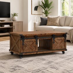 Coffee Table Solid Fir Wood Sliding Door Brown 91x51x38cm Living Room Furniture