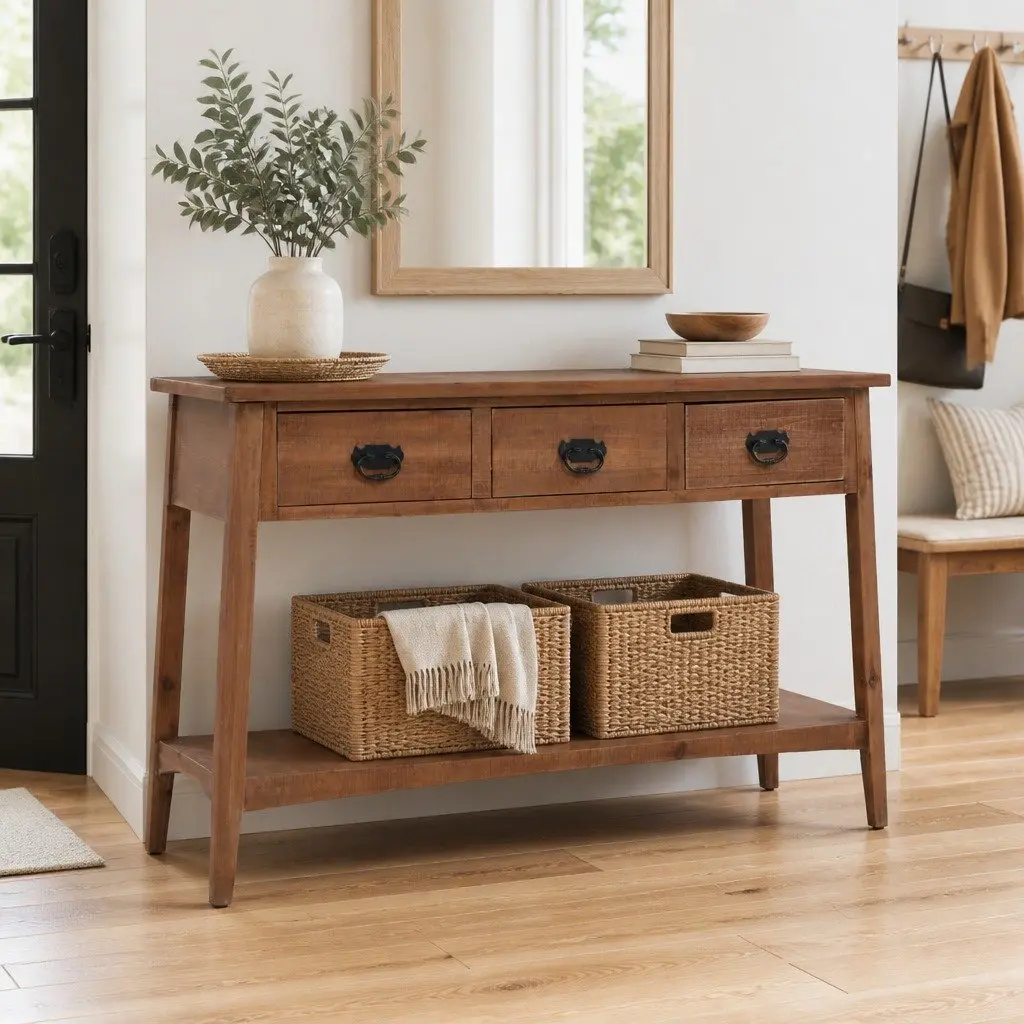 Console Table Brown 126cm Solid Fir Wood Rustic Vintage Accent Furniture