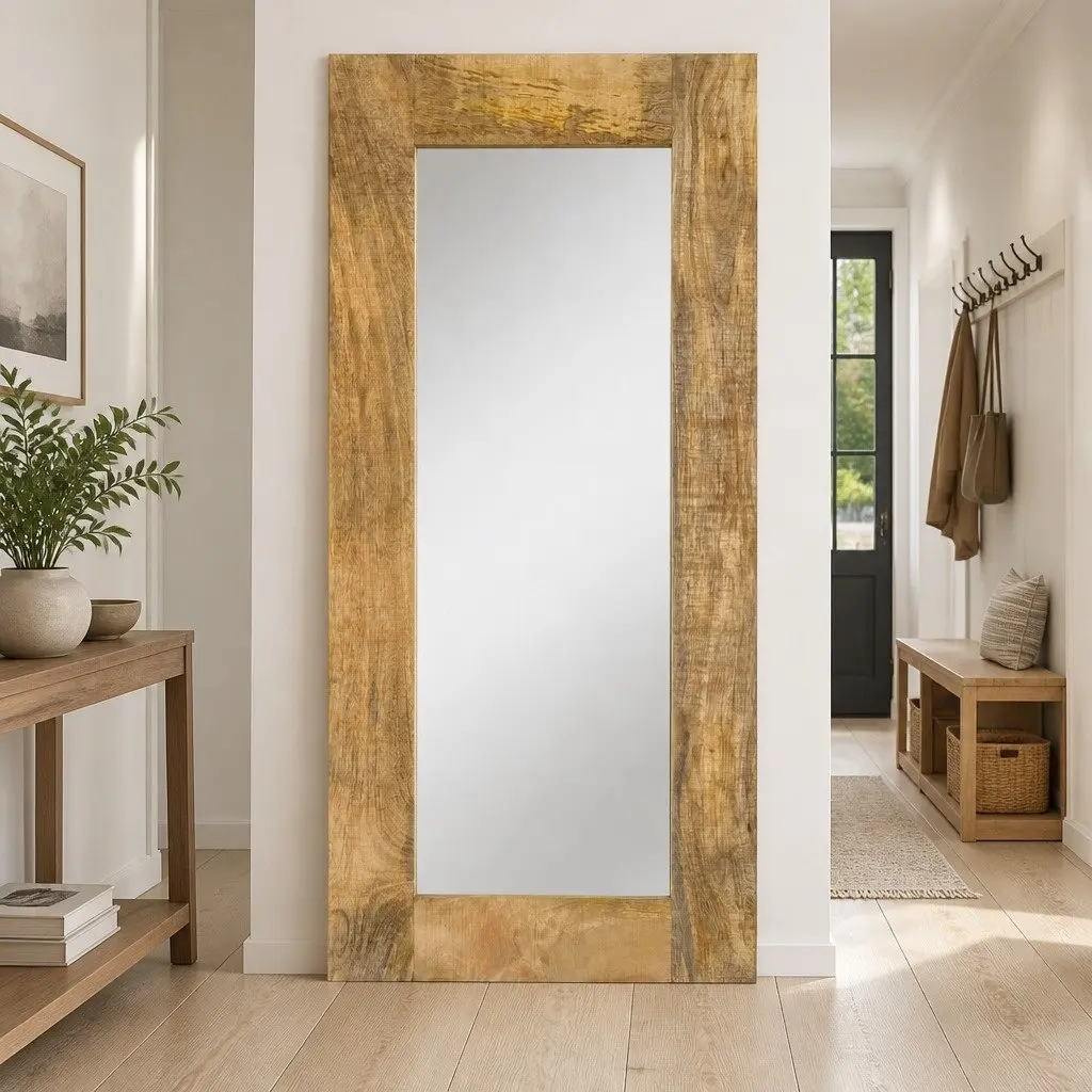 Wooden Mirror Solid Mango Wood Frame 50x110 cm Brown Hallway Bathroom Wall Decor