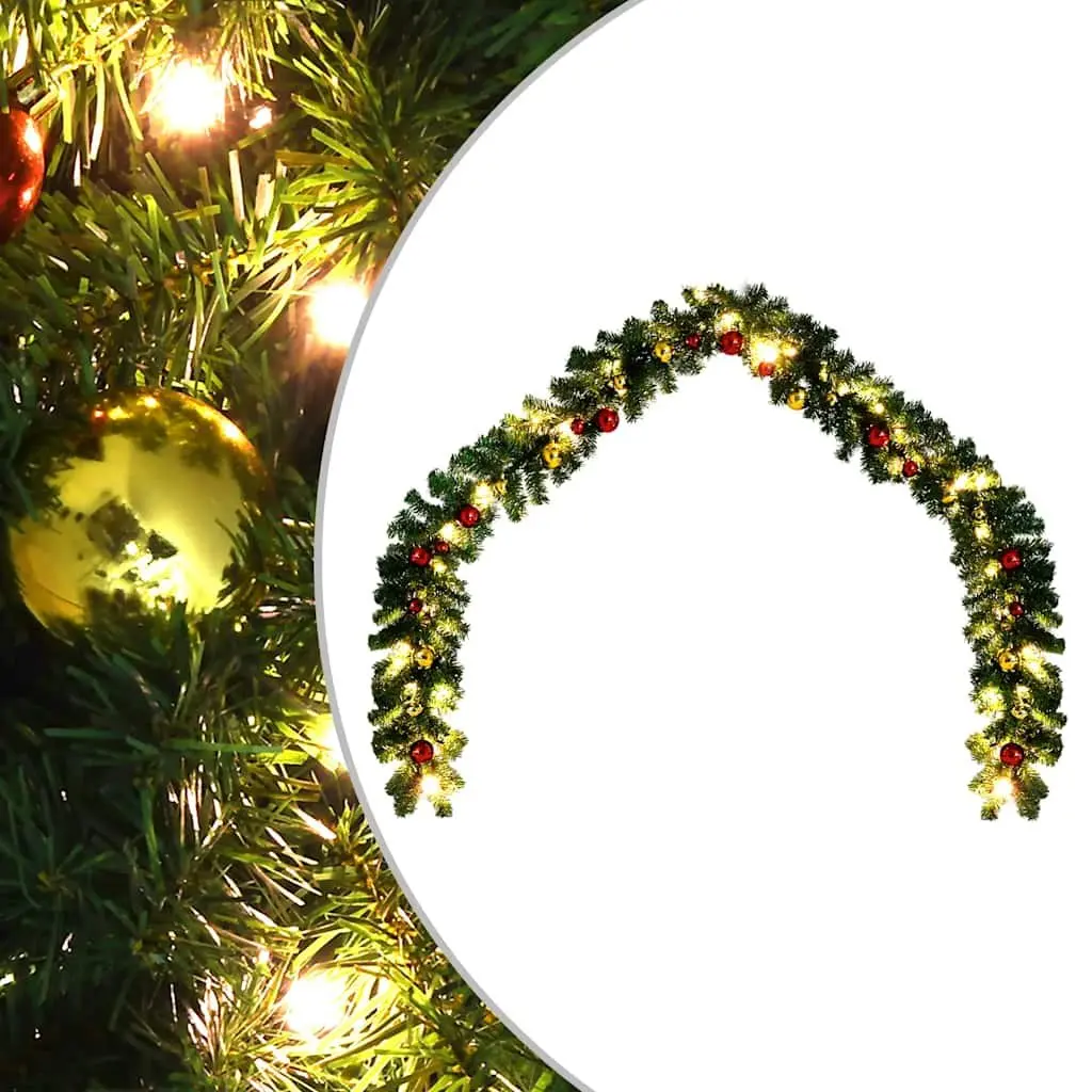 Christmas Garland Green 10m with Baubles and LED Lights for Holiday Decoration