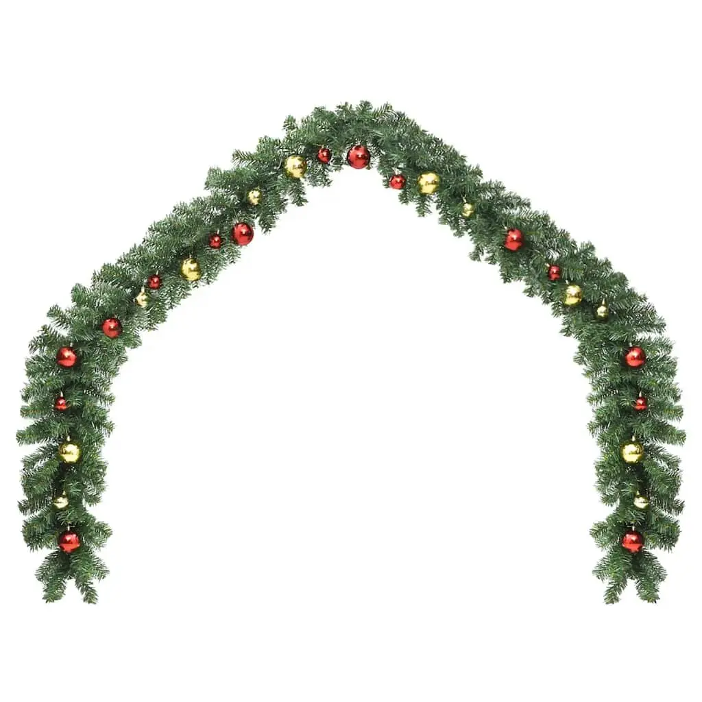 Christmas Garland Green 10m with Baubles and LED Lights for Holiday Decoration