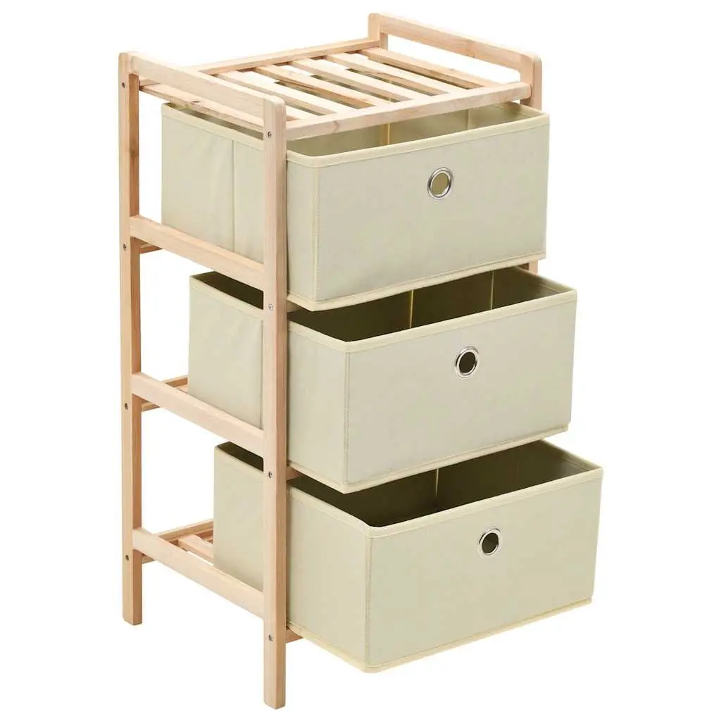 Storage Rack Beige 3 Fabric Baskets Wooden Organizer Unit