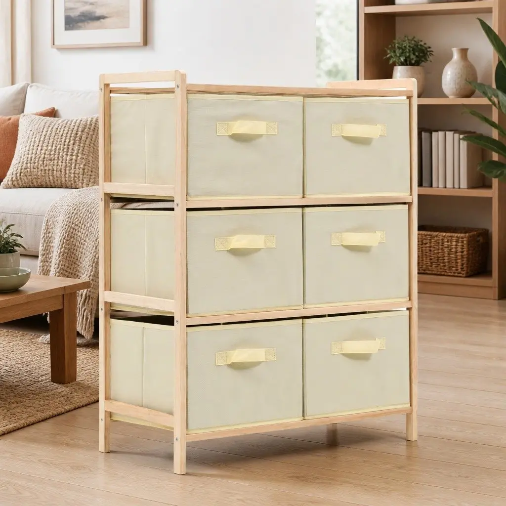Storage Rack Cedar Wood Lightweight with 6 Beige Fabric Baskets Home Organizer