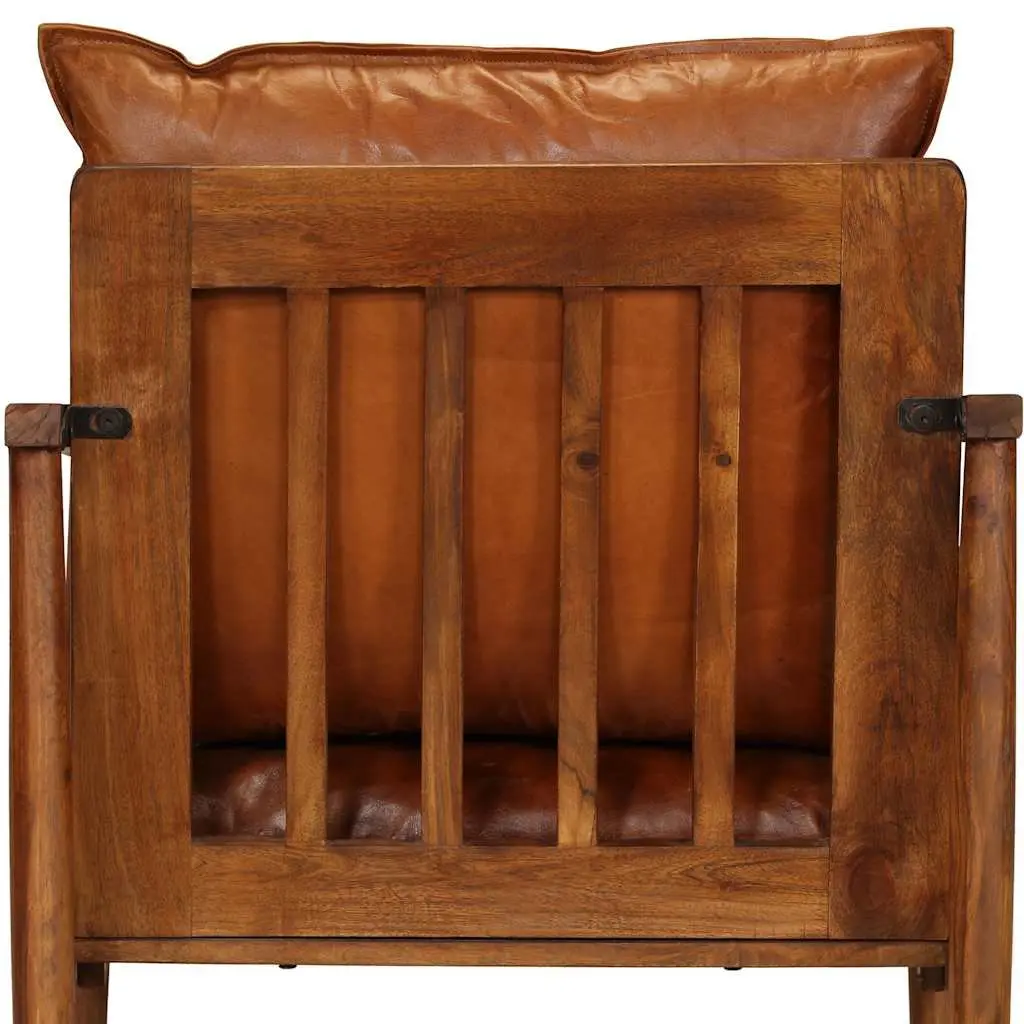 Armchair Brown Leather Solid Acacia Wood Frame Handmade Relaxation Seating