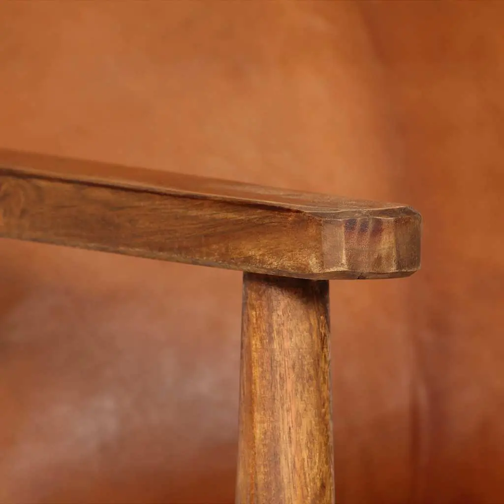 Armchair Brown Leather Solid Acacia Wood Frame Handmade Relaxation Seating