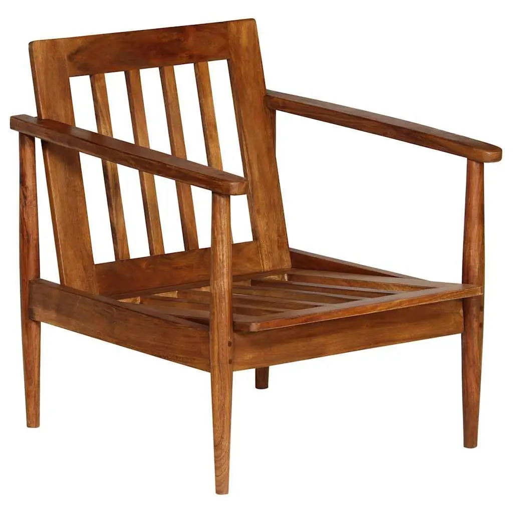 Armchair Brown Leather Solid Acacia Wood Frame Handmade Relaxation Seating