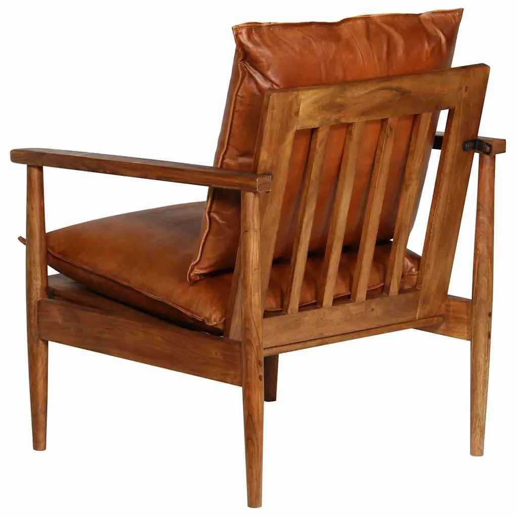 Armchair Brown Leather Solid Acacia Wood Frame Handmade Relaxation Seating