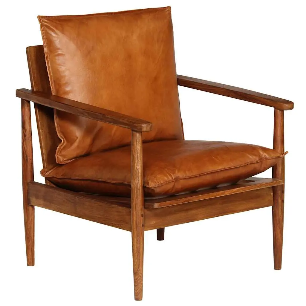 Armchair Brown Leather Solid Acacia Wood Frame Handmade Relaxation Seating