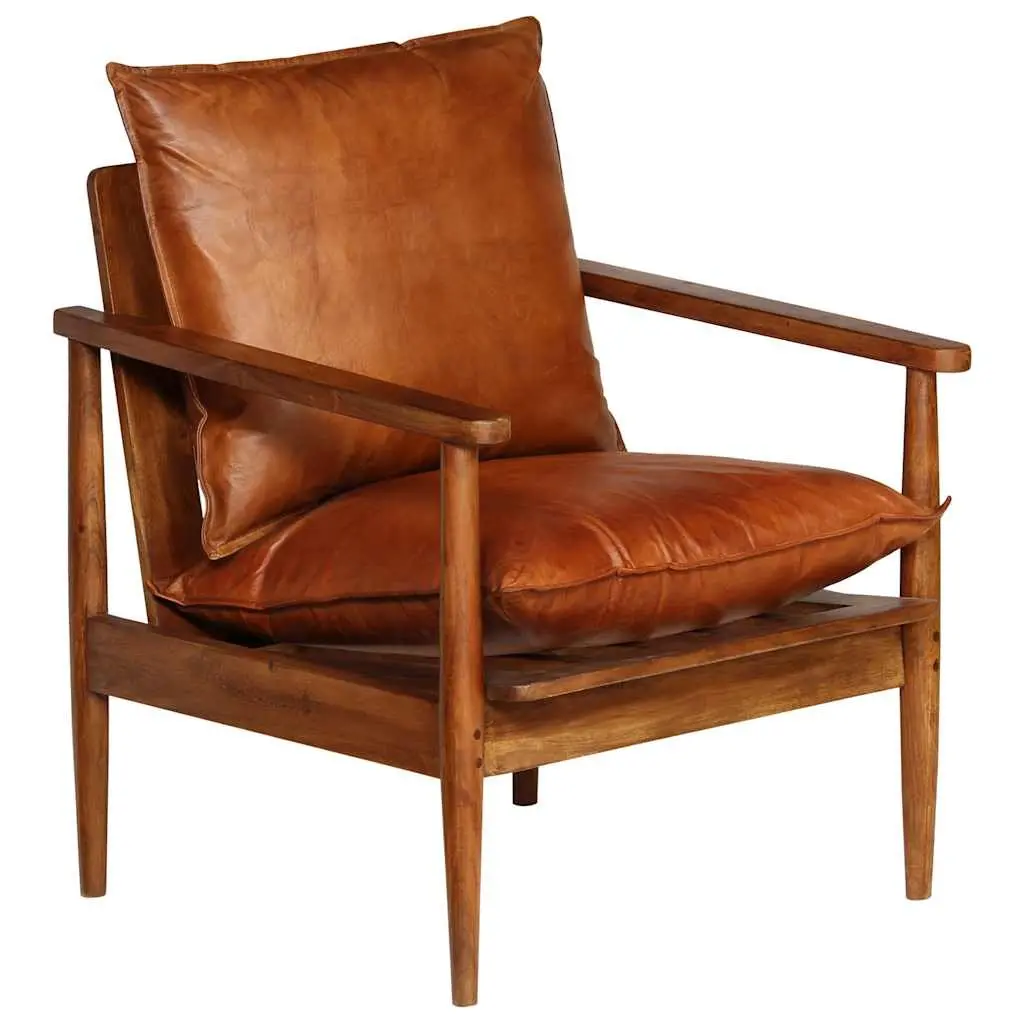 Armchair Brown Leather Solid Acacia Wood Frame Handmade Relaxation Seating