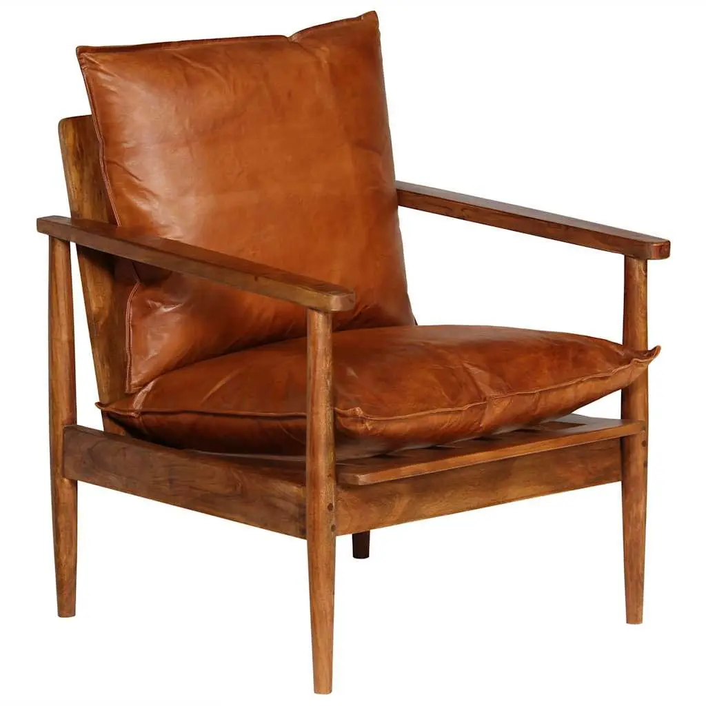 Armchair Brown Leather Solid Acacia Wood Frame Handmade Relaxation Seating