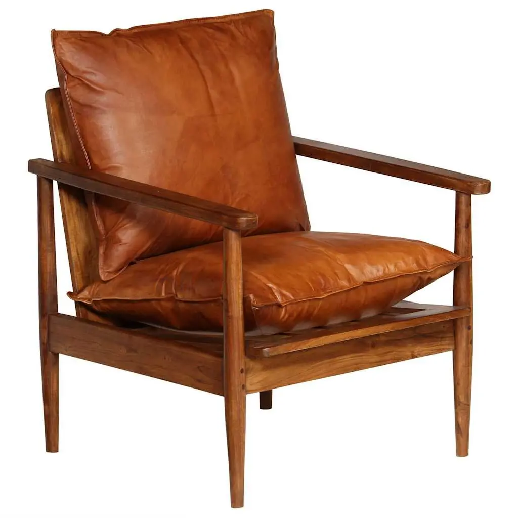 Armchair Brown Leather Solid Acacia Wood Frame Handmade Relaxation Seating