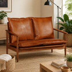 2-Seater Sofa Solid Acacia Wood Frame Goat Leather Upholstery Brown Living Room