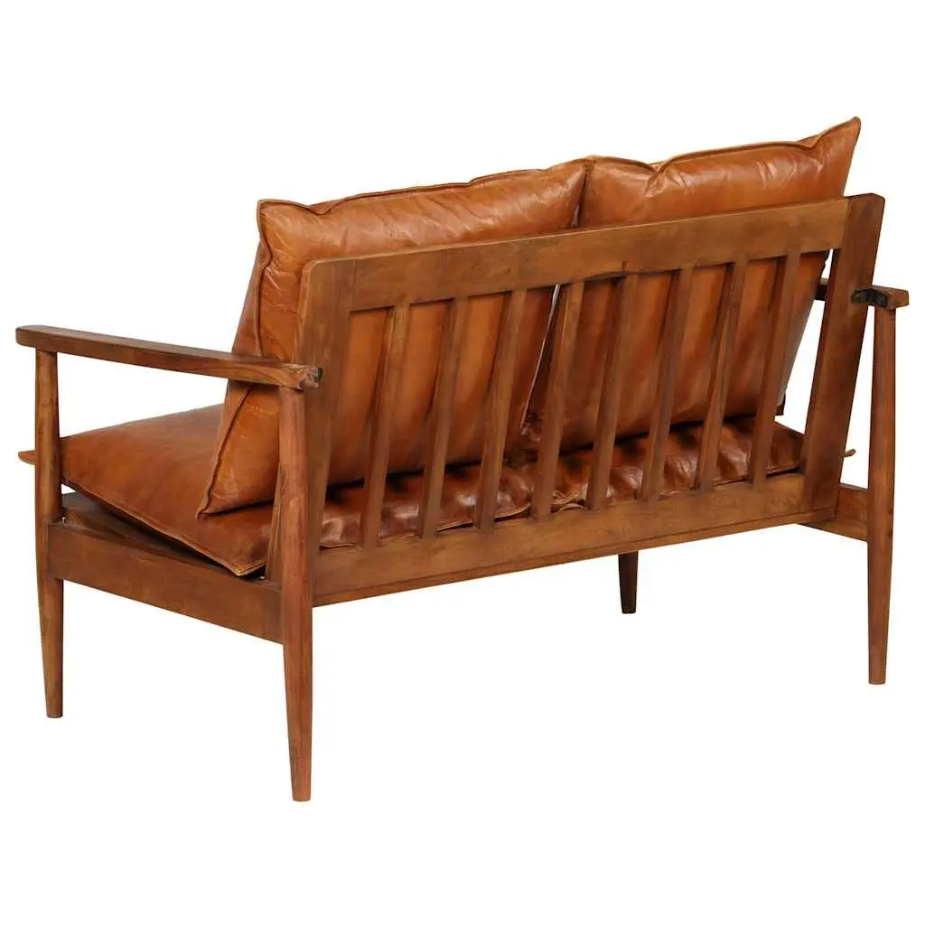 2-Seater Sofa Brown Solid Acacia Wood Frame Goat Leather Upholstery