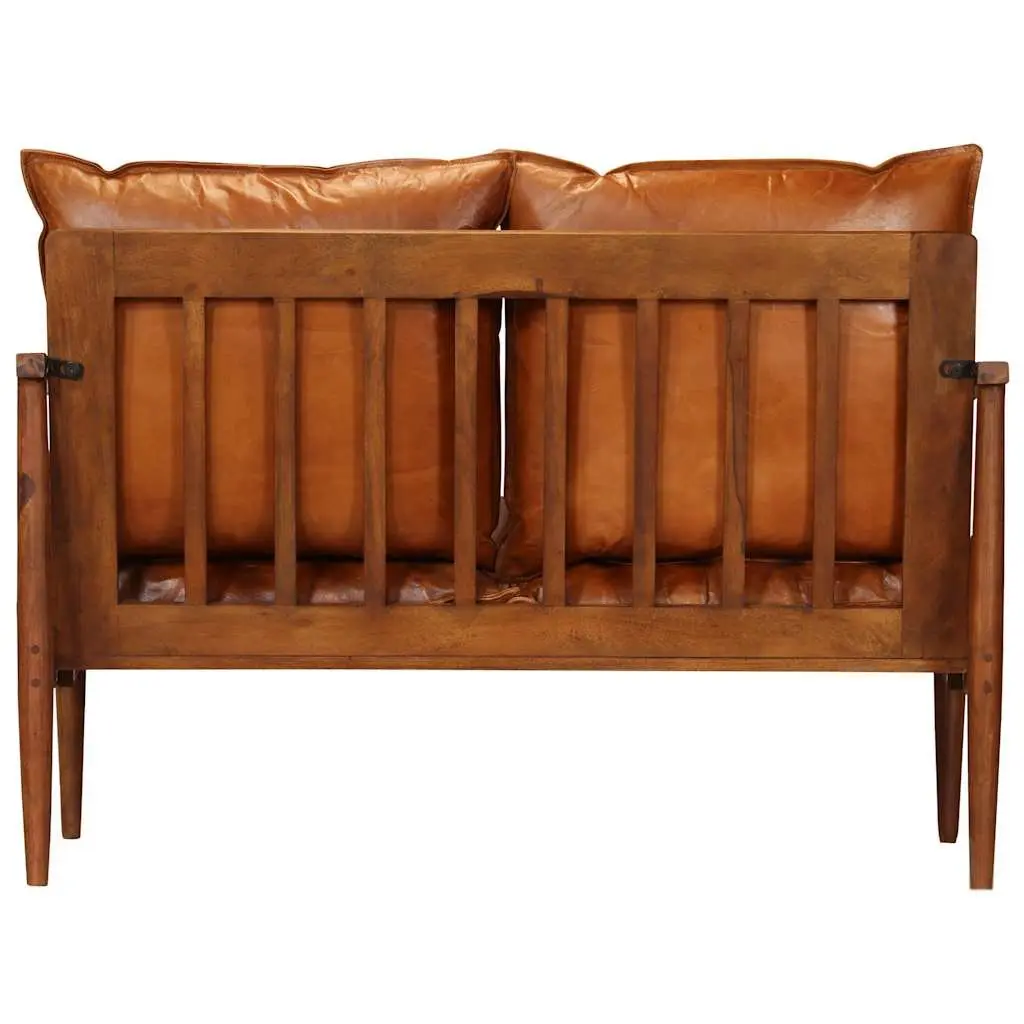 2-Seater Sofa Brown Solid Acacia Wood Frame Goat Leather Upholstery