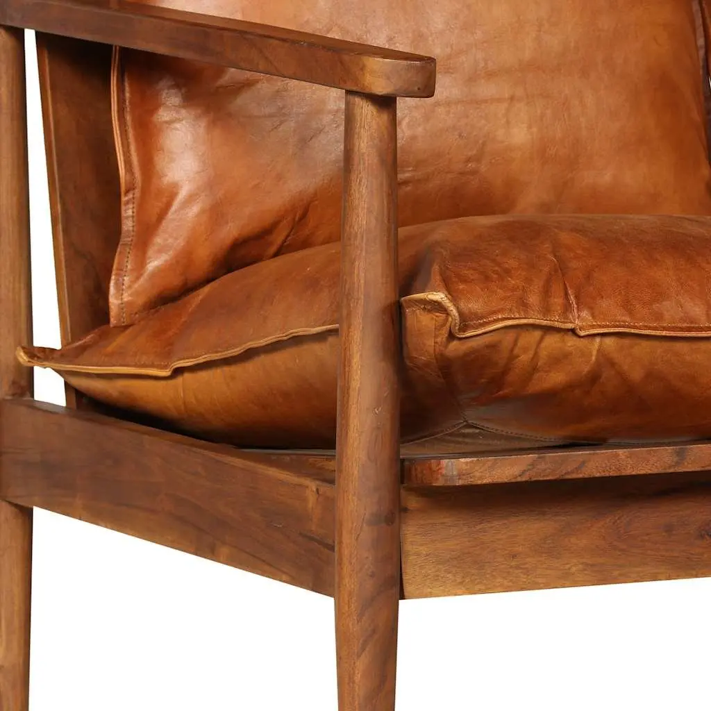 2-Seater Sofa Brown Solid Acacia Wood Frame Goat Leather Upholstery