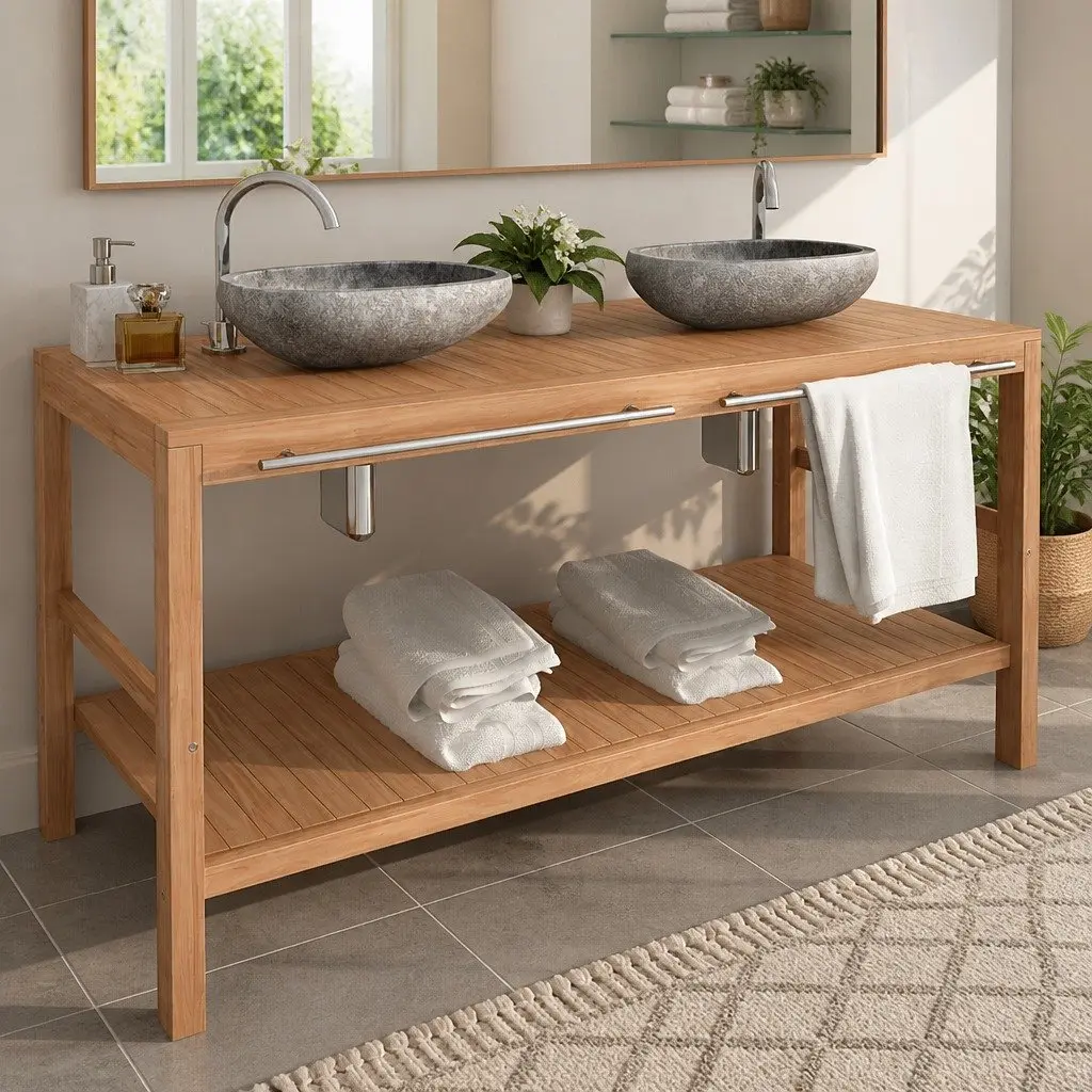 Bathroom Vanity Cabinet Brown 132x45x75cm Solid Teak Storage Furniture
